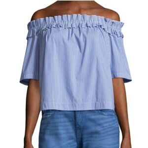Vineyard Vines Light Blue & White Striped Off-Shoulder Ruffle Top